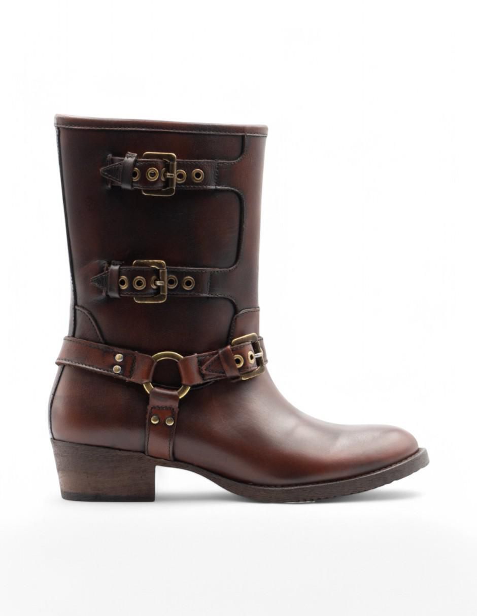 Bota media pierna Biker de piel bovino para mujer