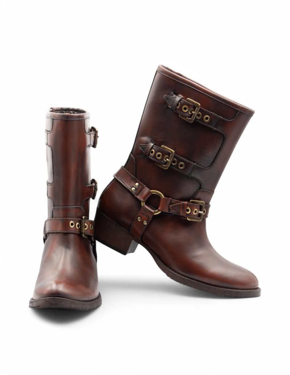 Bota media pierna Biker de piel bovino para mujer 4